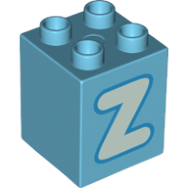 medium azure duplo brick 2 x 2 x 2 with light aqua capital letter z with dark azure outline pattern