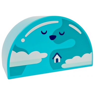 medium azure duplo brick 2 x 4 x 2 slope curved double with earth with house black closed eyes and nose dark turquoise land and white clouds pattern