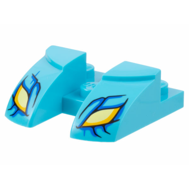 medium azure wedge 3 x 3 curved with cutout with bright light yellow and bright light orange dragon eyes blue scales with black outline pattern