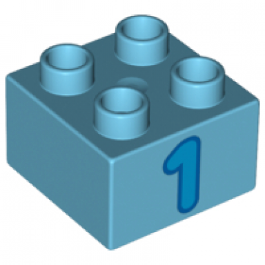 medium azure duplo brick 2 x 2 with dark azure number 1 with blue outline pattern
