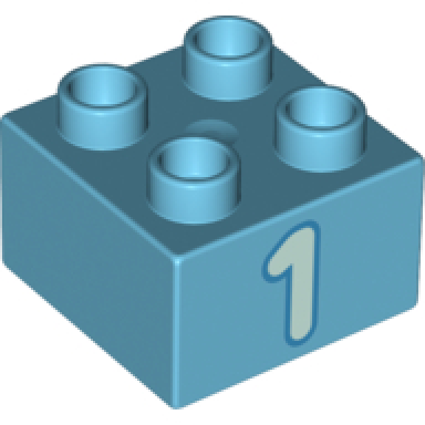 medium azure duplo brick 2 x 2 with light aqua number 1 with dark azure outline pattern