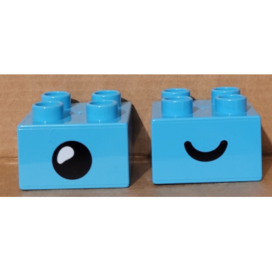 medium azure duplo brick 2 x 2 with black eye open closed pattern on opposite sides