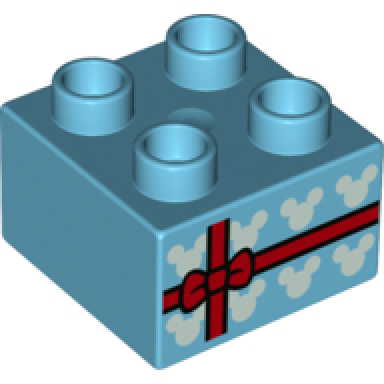 medium azure duplo brick 2 x 2 with present gift red bow and mice heads pattern