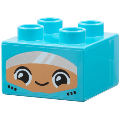 medium azure duplo brick 2 x 2 with seat belts nougat face with black and white eyes closed mouth grin and silver visor pattern