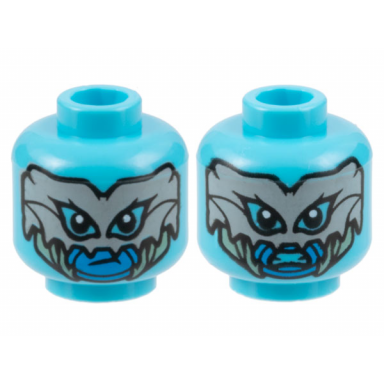 medium azure minifigure head dual sided alien light bluish gray fish bone mask dark azure mouth sand green gills frown gritted teeth pattern