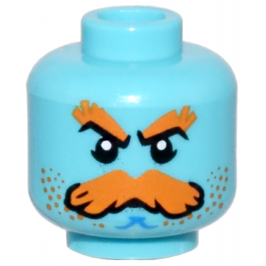 medium azure minifigure head orange and black bushy eyebrows moustache and stubble blue chin dimple pattern