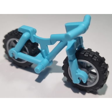 medium azure bicycle heavy mountain bike with straight handlebars with flat silver wheels and black tires 36934 50862 50861