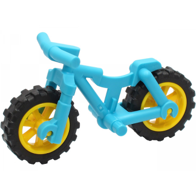 medium azure bicycle heavy mountain bike with straight handlebars with yellow wheels and black tires 36934 50862 50861