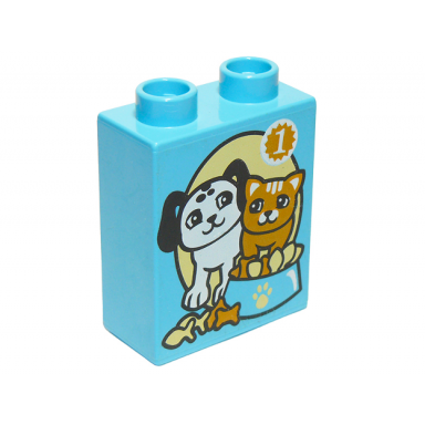 medium azure duplo brick 1 x 2 x 2 with dog and cat with food bowl and number 1 pattern