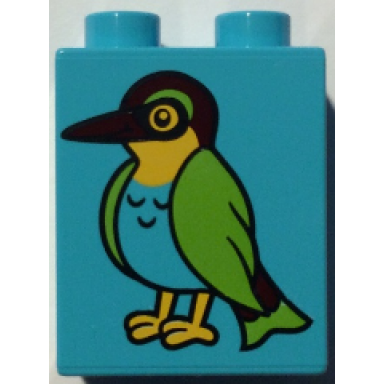 medium azure duplo brick 1 x 2 x 2 with green feathered bird pattern 10802