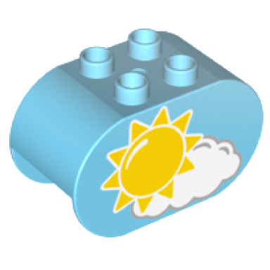 medium azure duplo brick 2 x 4 x 2 rounded ends with sun and cloud and rain cloud pattern