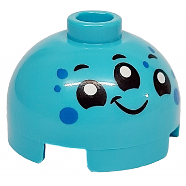 medium azure brick round 2 x 2 dome top with alien face with 3 black eyes and mouth white pupils smile and blue spots pattern