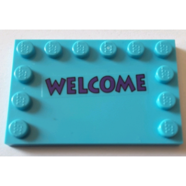 medium azure tile modified 4 x 6 with studs on edges with dark purple welcome pattern sticker - set 71016