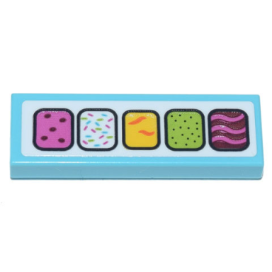 medium azure tile 1 x 3 with 5 rounded squares with ice cream flavors pattern sticker - set 71741