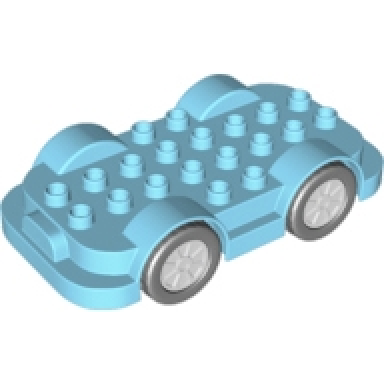 medium azure duplo car base 4 x 8 with four black wheels and light bluish gray hubs with push go motor