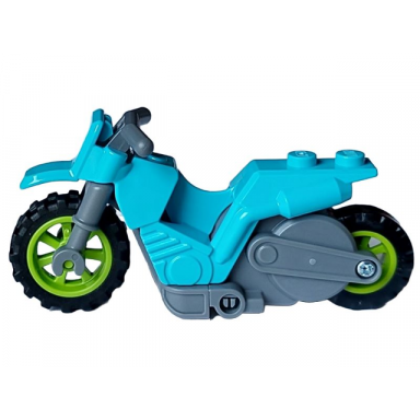 medium azure stuntz flywheel motorcycle dirt bike with dark bluish gray frame lime wheels and dark bluish gray handlebars