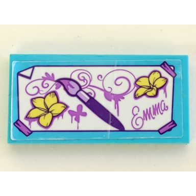 medium azure tile 2 x 4 with dark purple paint brush bright light yellow flowers medium lavender script emma pattern sticker - set 41332