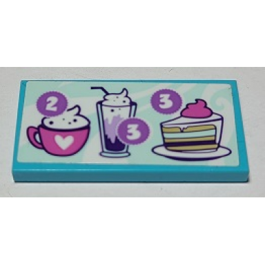 medium azure tile 2 x 4 with menu with number 2 and 3 and mug milkshake and cake pattern sticker - set 41336