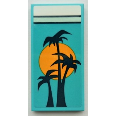 medium azure tile 2 x 4 with blanket with black palm trees and bright light orange sun white bedsheet pattern sticker - set 41395