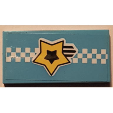 medium azure tile 2 x 4 with yellow and black shooting star and white checkered stripe pattern sticker - set 41352