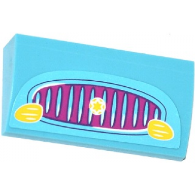 medium azure slope curved 2 x 4 x 2 3 with bottom tubes with magenta car grille yellow lights and star pattern sticker - set 41034