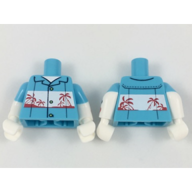 medium azure torso shirt with white panel red palm trees pattern white arms with medium azure short sleeves and playing card suit symbols pattern white hands