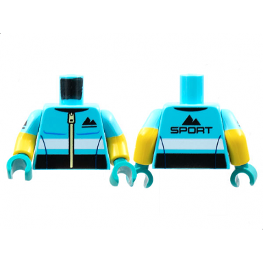 medium azure torso jacket black sport mountains logo pattern yellow arms with medium azure short sleeves and black sport mountains on right arm pattern dark turquoise hands