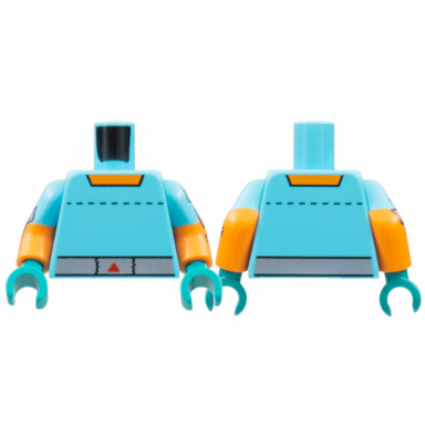medium azure torso orange collar dotted line silver belt pattern orange arms with medium azure short sleeves silver tape on off switch pattern dark turquoise hands