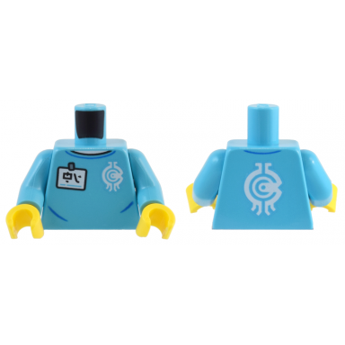 medium azure torso white name tag with ninjago logogram hi and borg industries logo pattern medium azure arms yellow hands