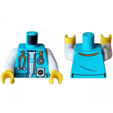 medium azure torso open jacket with silver and orange stethoscope over white shirt with stripes pattern white arms yellow hands