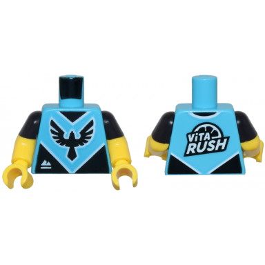 medium azure torso jersey with black bird emblem and white vita rush and mountains logo pattern yellow arms with molded black short sleeves pattern yellow hands