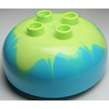 medium azure duplo brick round 4 x 4 dome top with 2 x 2 studs with marbled yellowish green pattern