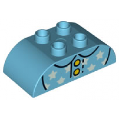 medium azure duplo brick 2 x 4 slope curved double with collar light aqua stars and yellow buttons pattern