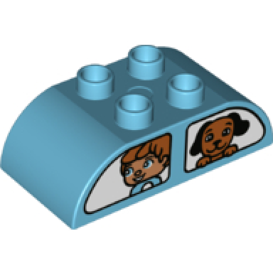 medium azure duplo brick 2 x 4 slope curved double with white vehicle windows with boy and dog girl and cat pattern