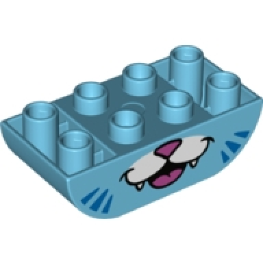 medium azure duplo brick 2 x 4 slope curved inverted double with dark pink nose and tongue white muzzle and fangs and blue stripes cat lower face pattern