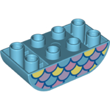 medium azure duplo brick 2 x 4 slope curved inverted double with bright light yellow bright pink and lavender fish scales pattern on both sides