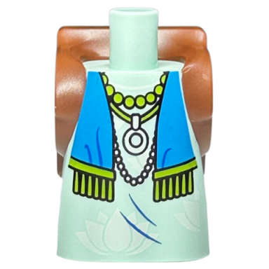 body short dress with arm pin holes with molded reddish brown backpack and printed white flowers dark azure scarf with lime tassels and necklaces pattern