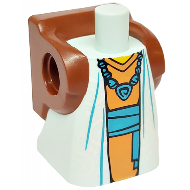 light aqua body short dress with arm pin holes with molded reddish brown backpack and printed white spirals orange shirt yellow neck dark azure sash belt and necklace pattern