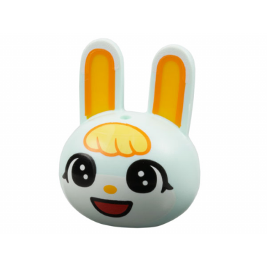 minifigure head modified bunny rabbit with molded bright light orange inner ears and printed bright light yellow bangs large black eyes white face bright light orange nose red open mouth smile pattern