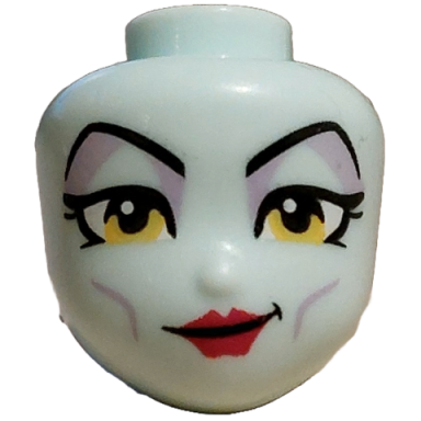light aqua mini doll head friends with black thin long eyebrows double eyelashes yellow eyes lavender eye shadow and cheek lines magenta lips lopsided grin pattern