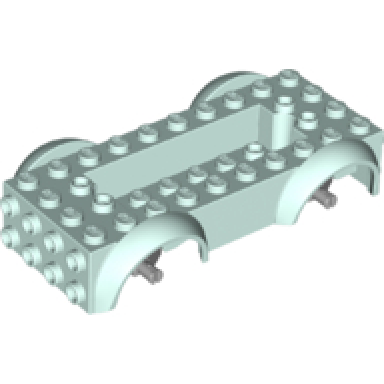 light aqua vehicle base 5 x 10 x 2 1 2 with mudguards and 6 x 2 recessed center with 3 holes with light bluish gray wheels holders attached