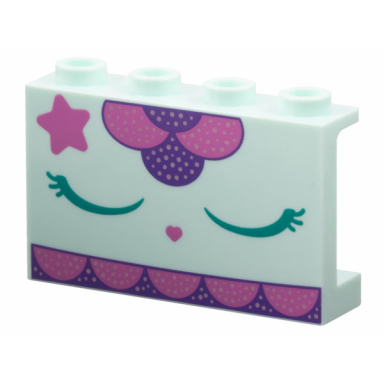 light aqua panel 1 x 4 x 2 with side supports - hollow studs with dark turquoise closed eyes with eyelashes dark pink star and heart nose dark purple scalloped trim with metallic pink dots pattern