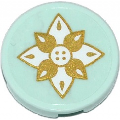 light aqua tile round 2 x 2 with bottom stud holder with flower with gold and white petals pattern sticker - set 41078