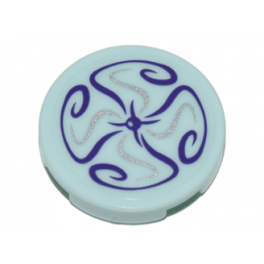 light aqua tile round 2 x 2 with bottom stud holder with silver and dark purple swirls pattern sticker - set 41180