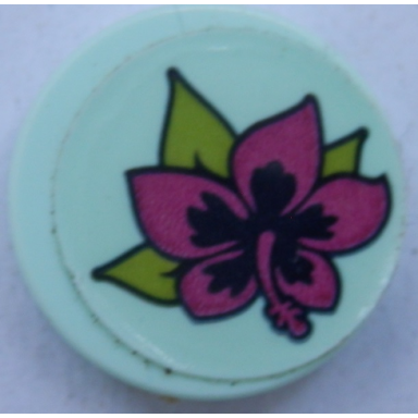 light aqua tile round 2 x 2 with bottom stud holder with magenta flower and lime leaves on light aqua background pattern sticker - set 41316