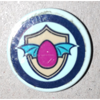 light aqua tile round 2 x 2 with bottom stud holder with winged magenta egg and tan shield on light aqua background with dark blue border pattern sticker - set 41173