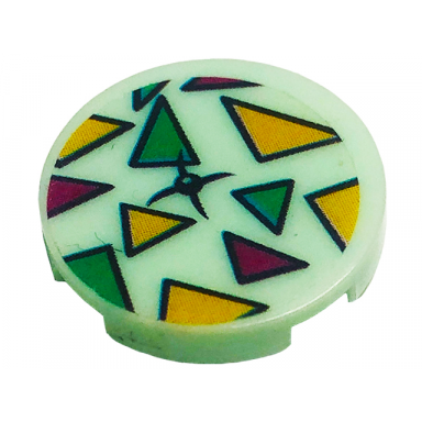 light aqua tile round 2 x 2 with bottom stud holder with cushion with dark turquoise magenta and bright light orange triangles pattern sticker - set 41344