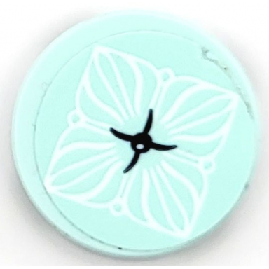 light aqua tile round 2 x 2 with bottom stud holder with cushion with white flower petals and black button pattern sticker - set 41365