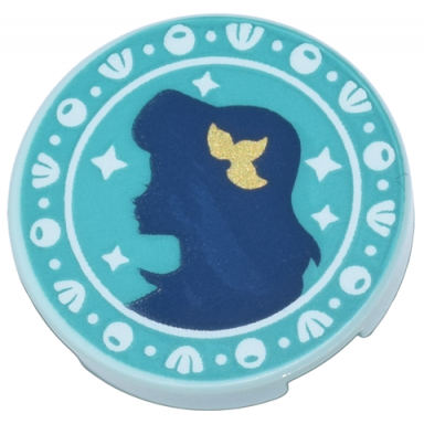 light aqua tile round 2 x 2 with bottom stud holder with dark blue ariel silhouette gold flower and white seashells on dark turquoise background pattern