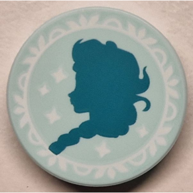 light aqua tile round 2 x 2 with bottom stud holder with dark turquoise elsa silhouette and white frame and sparkles pattern